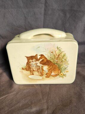 Vintage Mayco Ceramic Coin Bank Puppy Kitten Suitcase Shape Animal Nursery